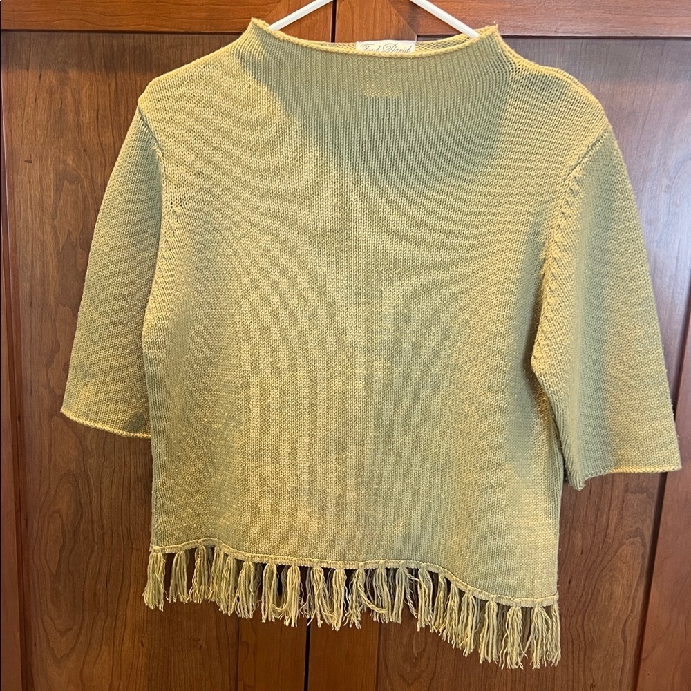 Fred David Vintage Cowl Neck Sweater in Tan with Fringe Color Green
